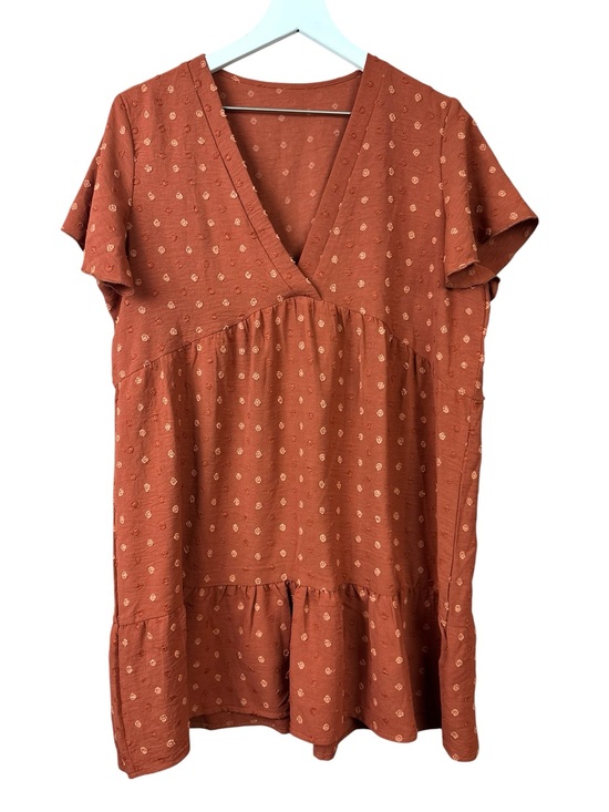 Dresses & Skirts - Salanta Rust Orange Swiss Dot V Neck Short Sleeve Shift Dress Women Sz L